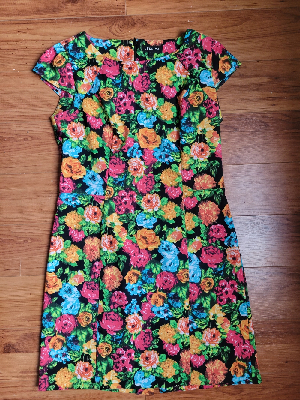 Jessica Floral Mini Dress in Black with Pink, Yellow & Blue Blooms